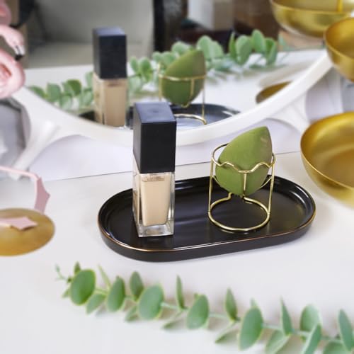 Ceramic Jewelry Dish, Perfume Vanity Tray, 7x4 Decorative Catch All Bowl for Trinket Key Ring, Small Bathroom Counter Tray, Soap Tray for Kitchen Sink (Black) - color: Black