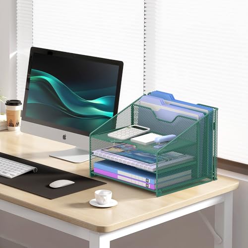 Samstar Green Desk File Organizer, Mesh Letter File Folder Holder with 3 Paper Trays and 2 Vertical Upright Section, for Office Supplies, Desk Accessories & Workspace, Green - color: Green