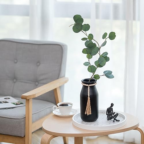 Sziqiqi Black Decorative Flower Vase - 9in Boho Vase with Bead Strings for Pampas Grass Vintage Metal Vases for Table Home Decor Matte Cylinder Vase for Artificial Flowers Rose Twigs - style: Boho Black Flower Vase
