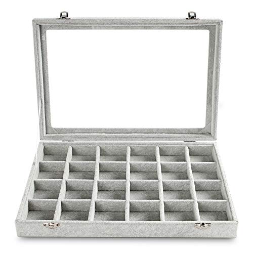 Frebeauty 24 Grid Earring Holder Organizer Tray, Jewelry Organizers and Storage for Drawer,Velvet Jewelry Display Storage for Earrings,Rings,Studs,10.5 x 6.5 x 1.2 Inches Gift for Women (Grey) - color: Grey, size: 24 Slots