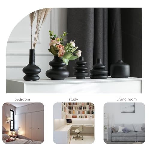 JOJUNO Black Bud Vases, Small Ceramic Vase Set of 5, Mini Pottery Vases for Flowers, Decorative Vases for Home Modern Decor, Boho Decor, Chic Vases for Living Room Dining Table Shelves - color: Black