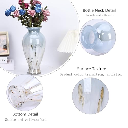 Hand Blown Glass Vase 11.8" Tall Beautiful Blue White Sea Wide Mouth Bud Vase for Table Centerpiece, Painted Colorful Murano Glass Flower Vases for - Home Entrance Wedding Center - color: Blue and White