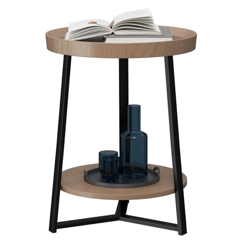 Gadroad Round End Table with Storage Shelf, 2 Tier Farmhouse Side Table Nightstand for Living Room, Bedroom, Wood Tabletop & Black Metal Frame, Walnut Color 15.7 * 15.7 * 23.0inches - color: Walnut, style: No Charging Station