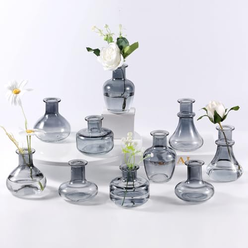 Black Gray Glass Bud Vase, 10Pcs/Set Modern Decorative Small Mini Flowers Vases, Minimalist Aesthetic Home Decor Vintage Wedding Table Centerpieces for Single Flower Rose - color: Black & Gray