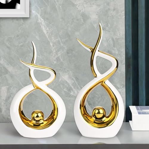 Querro Modern Abstract Ceramic Statue - Elegant White & Gold Decor for Home Living Room, Dining Table Centerpiece & Office Shelf | Luxury Aesthetic Sculpture (Large) - size: Large