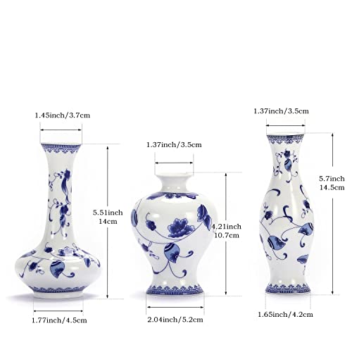 Blue and White Small Bud Vase Set, 3 Petite Classic Oriental Bottle Vases for Window sill, Mini Art Fambe Glaze Floral Porcelain Vase Idea Shelf décor and Coffee Table décor - color: Blue & White No.3