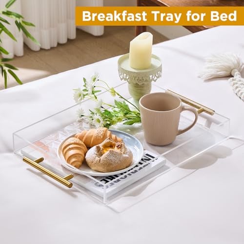 12"x16" Clear Acrylic Serving Tray with Golden Handles, Sturdy Huge Capacity Acrylic Tray for Coffee, Juice, Kitchen and Desk Organizer, Storage Tray (12"x16") - size: 16" x 12" x 2"