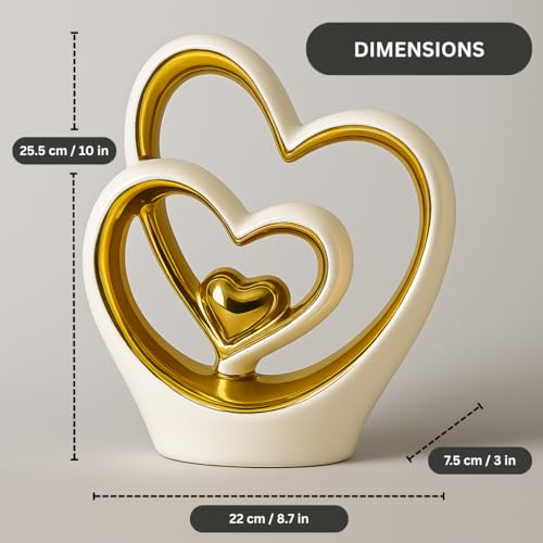 Gold Heart Ornament – Elegant Ceramic Couple Sculpture – White & Gold Tabletop Decor – Romantic Centerpiece for Living Room, Bedroom or Office – Anniversary or Valentine’s Gift