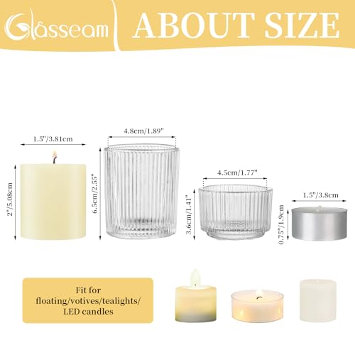 Glasseam Glass Tealight Candle Holder: Set of 8 Ribbed Clear Votive Candle Holders for Table Centerpiece, Decorative Small Vintage Tea Lights Candle Holder for Wedding Christmas Dining Room Decoration - color: Clear