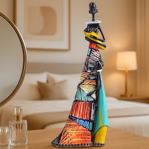 14.6" H African Art Statue for Home Decor, Colorful African American Women Sculpture Figurines - for Female Living Room Table Afrocentric Gifts for Women