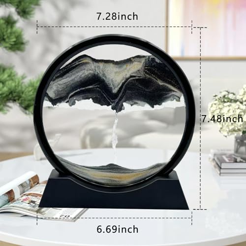 AzureLeap Moving Sand Art Liquid Motion, 3D Deep Sea Sandscape Color Quicksand Decor, Round Glass Moving Sand Art Picture Relaxing Desktop Home Office Work Decor (7 inch-Black) - color: BLACK, size: 7 inch