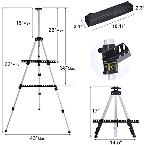 Portable Artist Easel Stand - Adjustable Height Painting Easel with Bag - Table Top Art Drawing Easels for Painting Canvas, Wedding Signs & Tabletop Easels for Display - Metal Tripod - 17x66 inches - style: 66 Inch Argent Silver (2 Pack)