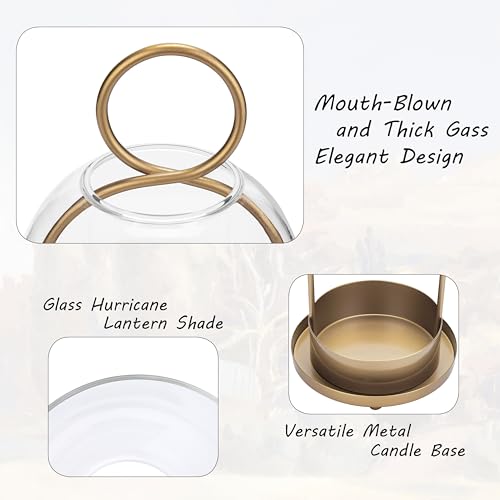 Hurricane Candle Holders Set of 2, 5" & 4" Metal and Glass Candle Lantern with Clear Dome for Pillar Candle, Wedding & Christmas Table Centerpiece, Farmhouse Home Decor (Brass, Large & Small) - color: Brass
