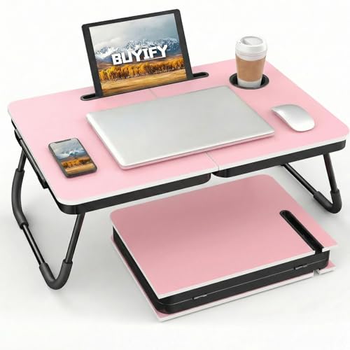 BUYIFY Foldable Laptop Bed Desk for Couch, Sofa - Large Lap Desk Tray Table with Cup Holder and Tablet Slot - Portable Notebook Stand for Eating, Writing, Studying and WFH (Pink) - color: Pink