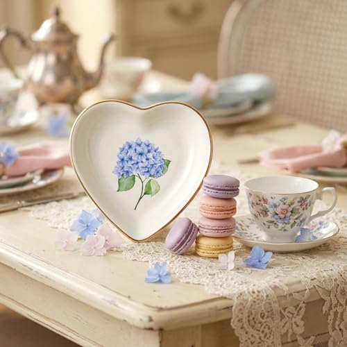 AnyDesign Hydrangea Flower Ring Dish Heart Shaped Ceramic Jewelry Tray Watercolor Blue Floral Trinket Dish for Spring Women Birthday Wedding Engagement Bridal Shower Party Supplies