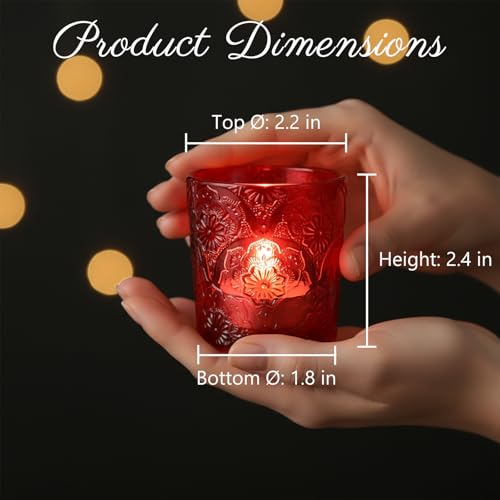 12 Pack Mandala Embossed Glass Candle Holders – Votive Tealight Holders with Patent Design, Decorative Embossed Glass Cups for Wedding Centerpieces, Parties, and Home Décor (Crimson Glow) - color: Crimson Glow