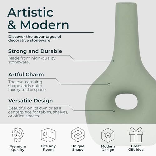 Modern Ceramic Vase with Open Cut-Out Design for Living Room Decor - Decortive Flower Vase for Home Accents, Bedroom, or Office Decor - Ideal for House and Entryway Table Display - 9", Green - color: Green, size: 9.0" H