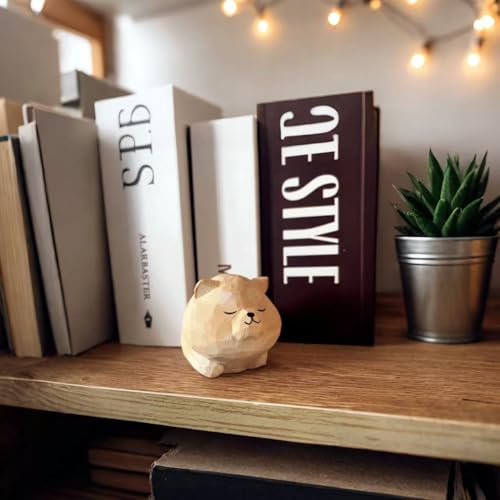 Hand Carved Red Shiba Inu Figurine with Round Wood Base – Cute Chubby Shiba Wooden Dog Statue, Handmade Desk Decor, Adorable Collectible Sculpture, Unique Gift for Dog Lovers & Pet Owners - color: Yellow Shiba Inu