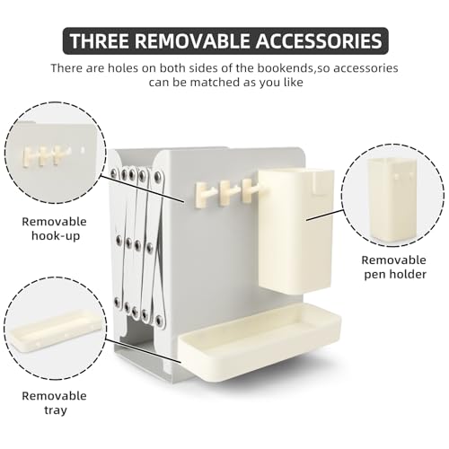 Adjustable Bookends, 19" Metal Book Ends for Heavy Books, 2 Dividers Bookends with Removable Pen Holder, Tray, and 3 Hook-up, Book Organizer for Office, School, Bookstore, Home - color: White
