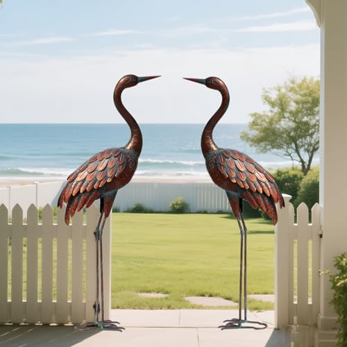 chisheen 2PCS Garden Crane Statues Outdoor Sculptures Metal Yard Art Statue for Garden Decoration Large Size Set of 2 - size: L-2PC