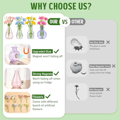 8PCS Mini Glass Vase Refrigerator Magnets with Artificial Flowers, Cute Tiny Flower Fridge Magnets for Refrigerator Office and Kitchen Cabinet Decoration