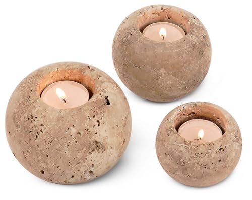Radicaln Marble Tealight Candle Holder 4" Inch Travertine Handmade Decorative Votive Candle Holder for Home Decor, Elegant Set of 3 Mini Candle Holders & Marble Taper Holder for Housewarming - color: Travertine