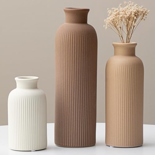 Modern Ceramic Vase Set, Earth Tone Natural Color Ribbed Matte Design, 3-Piece Decorative Vases for Home, Living Room, Office (Coffee Mix) - color: Coffee Mix
