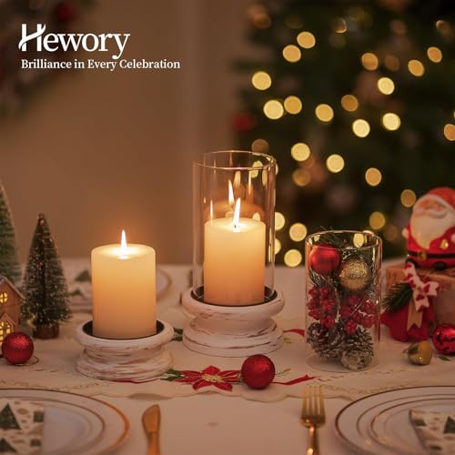 Hewory Hurricane Glass Candle Holder: Rustic White Candle Holders for Pillar Candles, Vintage Decorative Wood Stand with Clear Cylinder Glass for Table Centerpiece Fireplace Mantel Farmhouse Decor - color: White