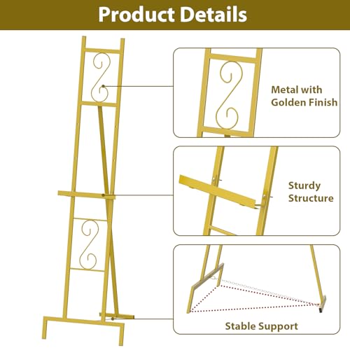 58''H Gold Easel Stand for Sign, Adjustable Welcome Wedding Sign Stand for Display with Chain Support, Heavy Duty Metal Poster Easel Holder for Party Painting, 17'' x 17'' x 58''H（1 Pack） - style: 1pack-Gold