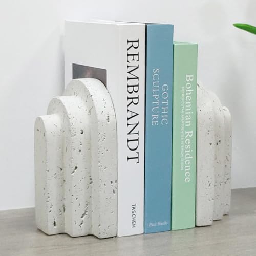 Decorative Book Ends for Shelves - Boho Aesthetic Bookends Decor - Heavy Duty Travertine Book Stopper Holder for Home Office Desk Coffee Table (Grey) - color: Gray