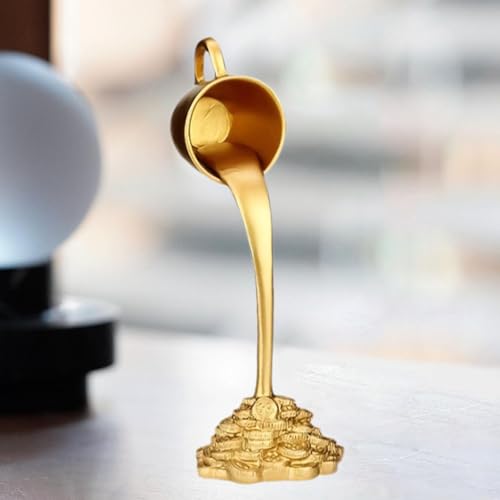 Floating Coffee Cup Mug Sculpture Pouring Spilling Coin Figurine Bedroom Gift Desk Figure Resin Statue for Cabinet Bookshelf, Golden
