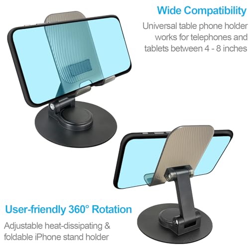 POQOD Foldable Cell Phone Stand for Desk, Fully Adjustable Phone Holder for Desk Compatible with iPhone 16 15 14 13 12, Nintendo Switch, All Phones, (Black) - color: Black 360° Rotating