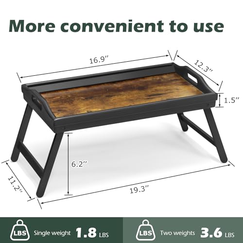 Tray Table for Bed, Bamboo Breakfast Serving Tray with Folding Legs and Handles, Laptop and Snack Bed Table with Cross Bar & Media Slot, Dark Brown with Black Legs, for Bedroom, Sofa, Kitchen - style: 1 pack（Dark brown with black legs）