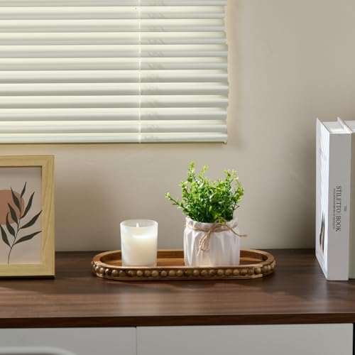 Acacia Wood Decorative Oval Tray, Beaded Edge Farmhouse Tray for Coffee Table Centerpiece, Rustic Wooden Serving Tray for Candle Holder, Kitchen & Living Room Counter Home Decor