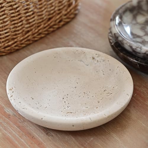 ZSHAWN Natural Beige Travertine Ring Dish Jewelry Tray – 5.5" Trinket Dish for Rings Earrings Necklace, Scratch-Resistant Vanity Organizer, Elegant Gift for Women - color: Beige Travertine