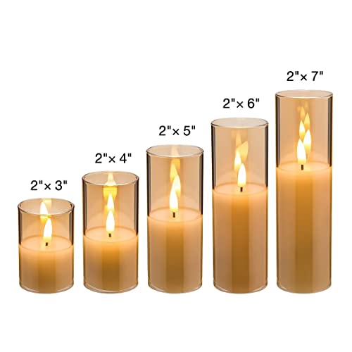 Eywamage 5 Pack Gold Glass Flameless Candles with Remote, Flickering Slim Tall LED Pillar Votive Candles Battery Included - color: Gold