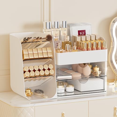 Booklov Makeup Organizer for Vanity, Countertop Cosmetic Display Case with Clear Acrylic Drawers, Bathroom Counter Beauty Caddy, Cute Table Storage Holder for Skincare, Brush Lipsticks, Crystal White - color: Crystal White, size: M01