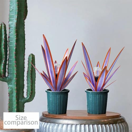 Metal Agave Plant Garden Art, 2 Pack Tequila Rustic Sculpture, Rustic Metal Agave Plants Garden Lawn Home Ornaments, for Yard Stakes, Garden Figurines, Outdoor Patio (2 PCS Purple with Light) - color: 2 Pcs Purple With Light