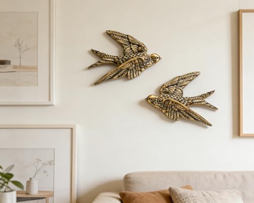 AMOIENSIS Bird Wall Sculpture Art, (Set of 2) 4¾ inch Resin Antique Gold Bird 3D Sculpted Floating Hanging Wall Sculpture Decoration - color: Antique Gold