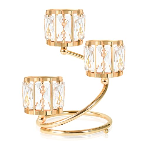 Metal 3 Arm Crystal Candle Holder - Tea Light Centerpiece Candle Holder, Votive Holder with Sparkling Crystal Bowl, Suitable for Wedding, Table Centerpiece, Home Decor (1, 3 arm-Gold) - size: 3 arm-Gold