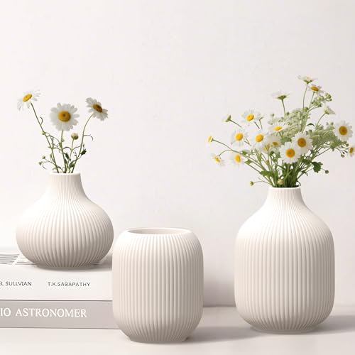 Small Matte White Ceramic Vases Set of 3, Modern Minimalist Ribbed Vases for Centerpiece, Home Office Shelf Decor, Farmhouse Kitchen Bathroom Bedroom Living Room Decor - color: Round White