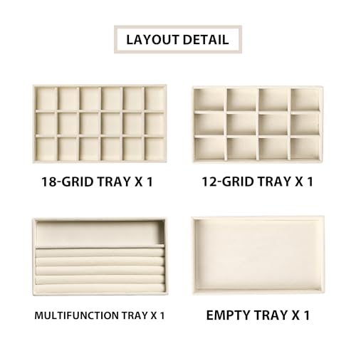 Frebeauty Jewelry Organizer Tray,Stackable Velvet Jewelry Trays,Drawer Inserts Earring Organizer For Women Jewelry Storage Display Case for Rings Stud Necklaces,Set of 4(Beige) - color: Beige, size: Set 4