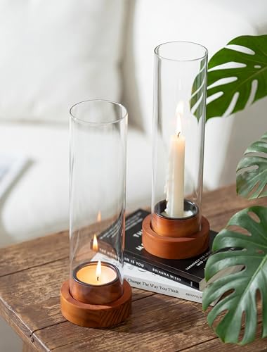 NUPTIO Dripless Taper Candle Holders with Wax Catchers for Easy Cleaning: Set of 2 Hurricane Glass Candlestick Holders with Metal Bobeches - Brown Wood Modern Wedding Table Centerpiece - color: Caramel