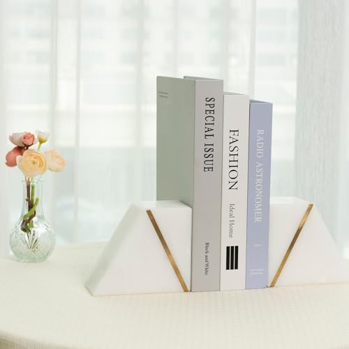 Natural Marble Bookends for Shelves, Decorative Book Ends for Heavy Books, Heavy Duty Mid Century Modern White and Gold Stone Book Holders with Brass Inlay, Unique Bookshelf Stopper Decor, Set of 2 - style: Art Deco