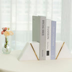 Natural Marble Bookends for Shelves, Decorative Book Ends for Heavy Books, Heavy Duty Mid Century Modern White and Gold Stone Book Holders with Brass Inlay, Unique Bookshelf Stopper Decor, Set of 2 - style: Art Deco