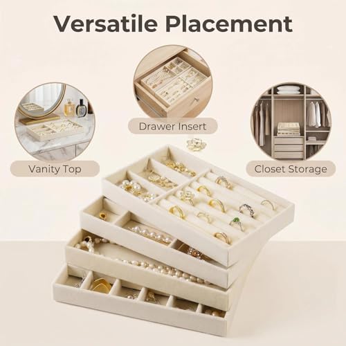 Velvet Jewelry Organizer for Drawer, Stackable Jewelry Drawer Inserts in Dresser, 8in Beige Storage Display Case for Rings Stud Necklaces Accessories, Set of 12 - color: 3 set