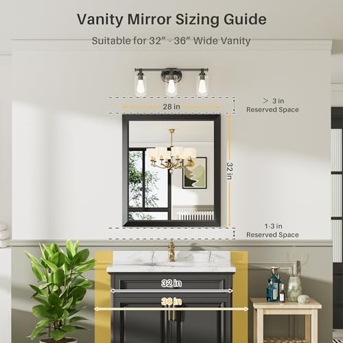Briivue 28x32 Inch Black Bathroom Mirror for Wall, Thick Metal Framed Rectangle Mirrors for Over Sink, Bedroom, Living Room, Entryway, Anti-Rust, HD Tempered Glass - color: Black, size: 28"L x 32"W