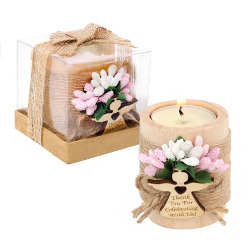 Ju's Favors Wooden Candle Holders Set of 10 for Baptism Gift, Christening Party Favors, Guest Favors,Baby Shower Party Favors. (Light brown - pink) - color: Light Brown - Pink