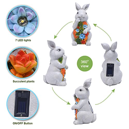 Nacome Solar Garden Outdoor Statues Bunny with Succulent and 7 LED Lights – Lawn Decor for Patio, Balcony, Yard Ornament for Mom Grandma Women - color: Light Grey Bunny