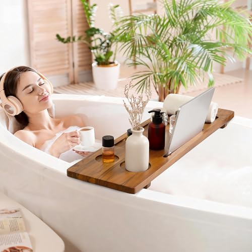 Teak Bathtub Tray - Wood Bath Caddy Tray 29" for Small Tubs - Adjustable Bathtub Table Trays - Luxury Shower Organizer for Home Spa Relaxation and Reading - Light Walnut Color - color: Light Walnut-a, size: 29" x 9" x 2"